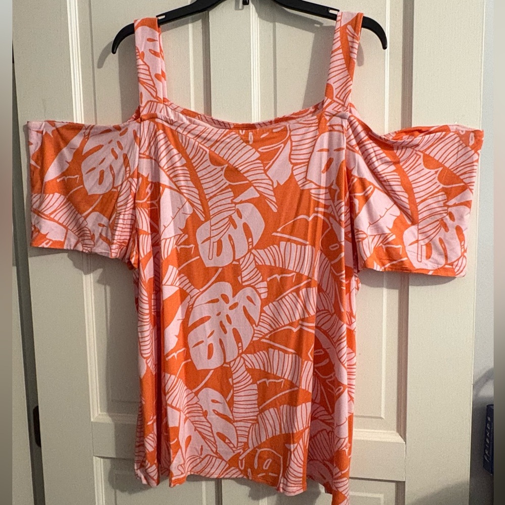 JM Collection Women’s Plus Vibrant Orange & Pink Cold Shoulder Top 3X